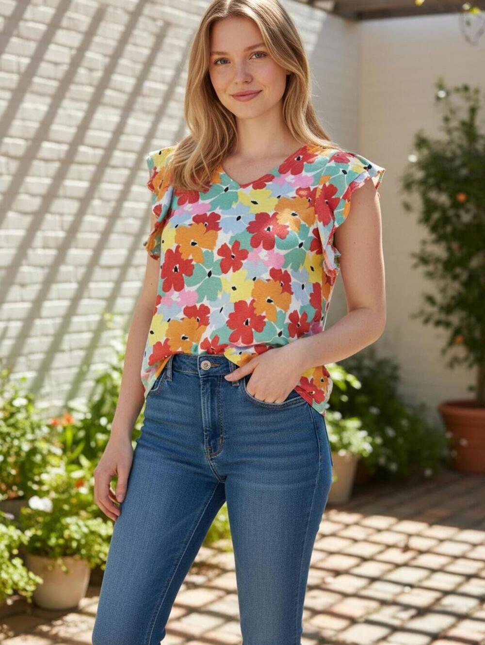 Lightweight Michelle McDowell Women's Medium Floral Print Short Sleeve Top